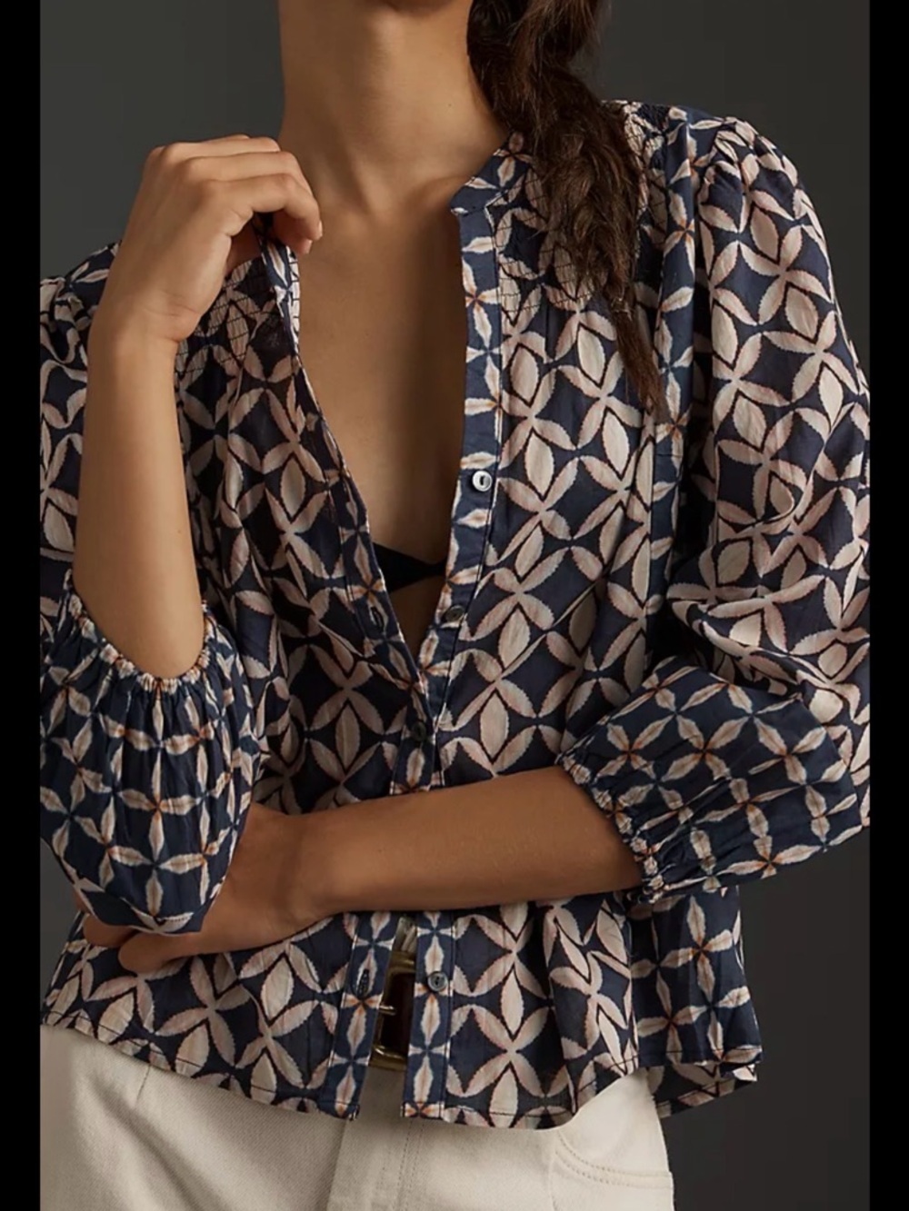 Anthropology Velvet 100% Cotton Navy and Cream Geometric Button-Front Blouse